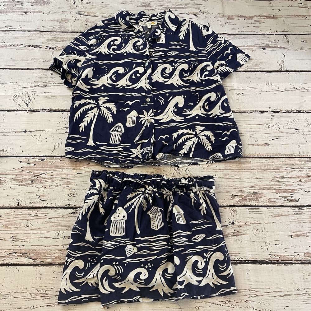 C&C California Top & Shorts Women's Medium Blue Geometric Pull On Linen Blend